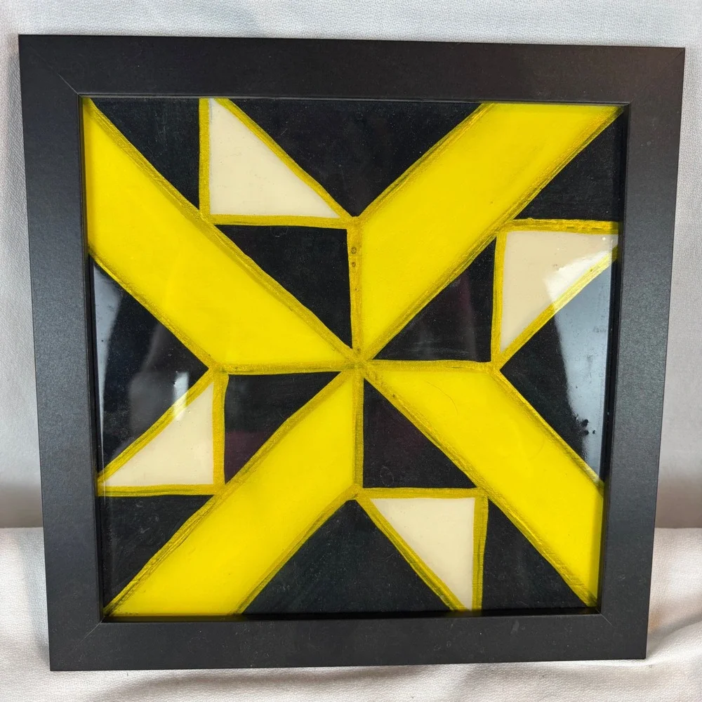 Quilt Design‎ Framed Wall Art Yellow Black Cream Square Decor 9.5in